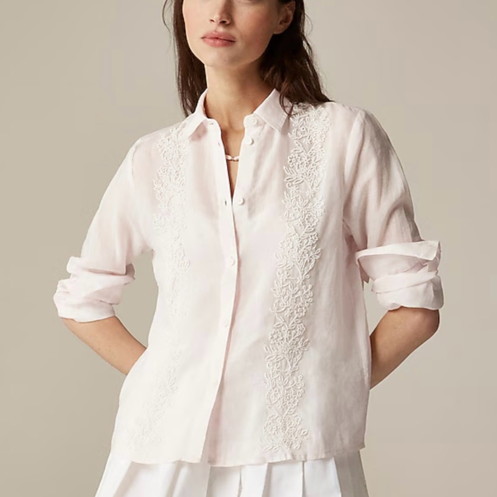 J Crew Collection Beaded Button-Up Shirt NWT Pastel Pink Ramie Luxury 10